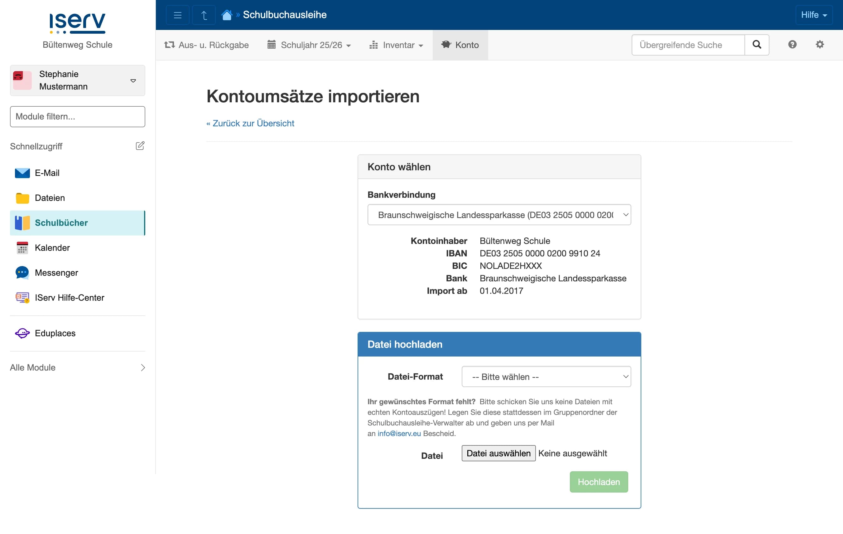 Import-Dialog für Kontoumsätze mit Bankverbindung und Datei-Upload
