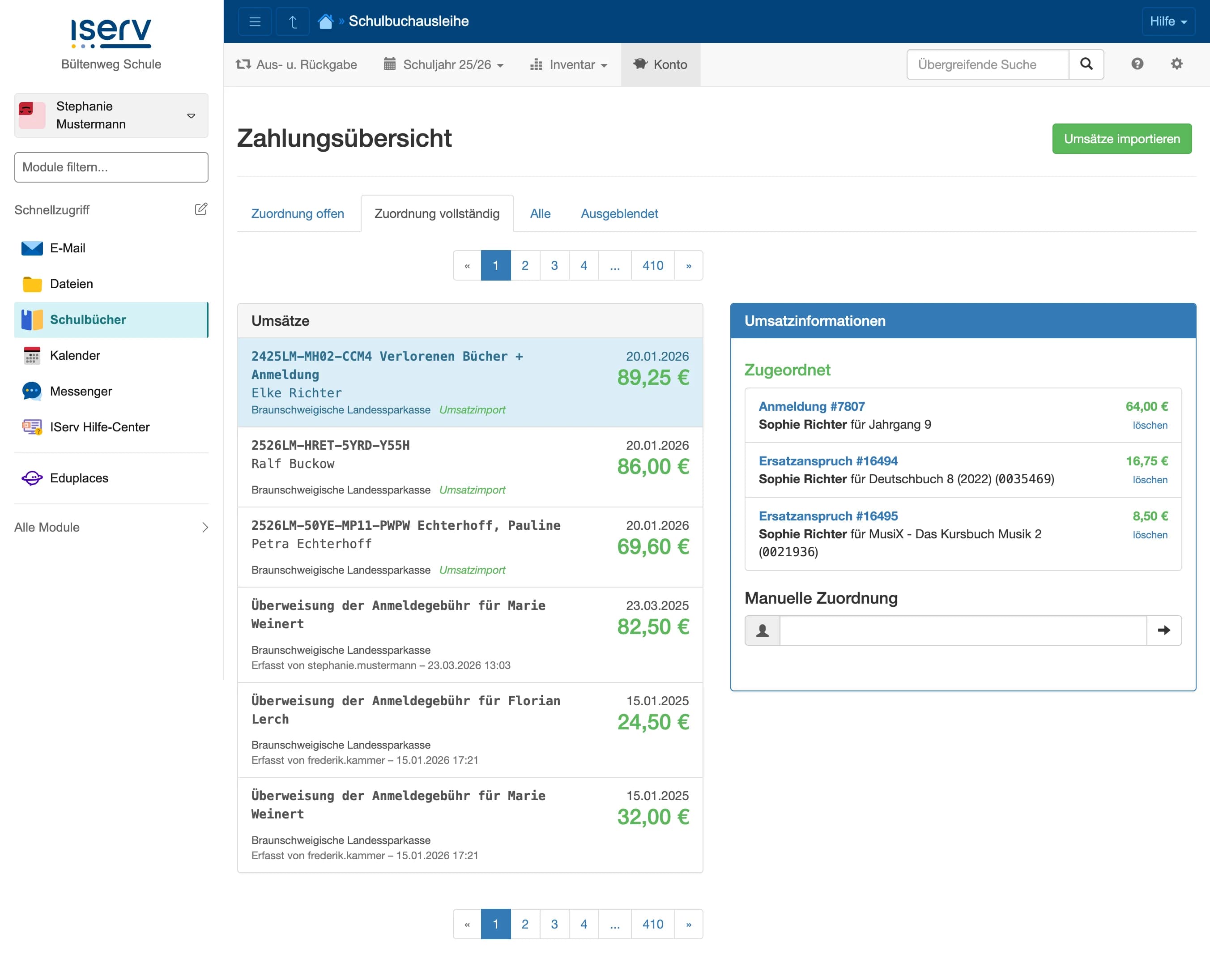 Umsatzinformationen mit zugeordneter Anmeldung und Ersatzansprüchen
