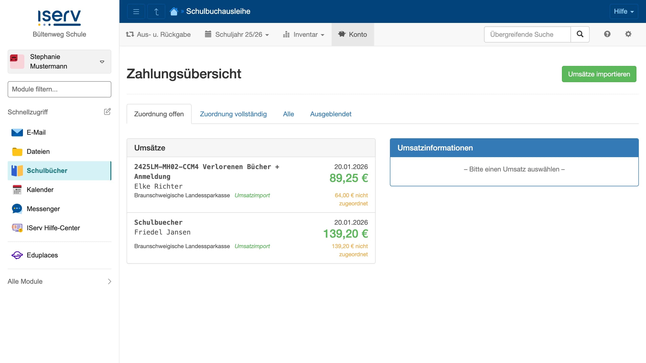 Zahlungsübersicht mit offenen Umsätzen, die manuelle Zuordnung erfordern