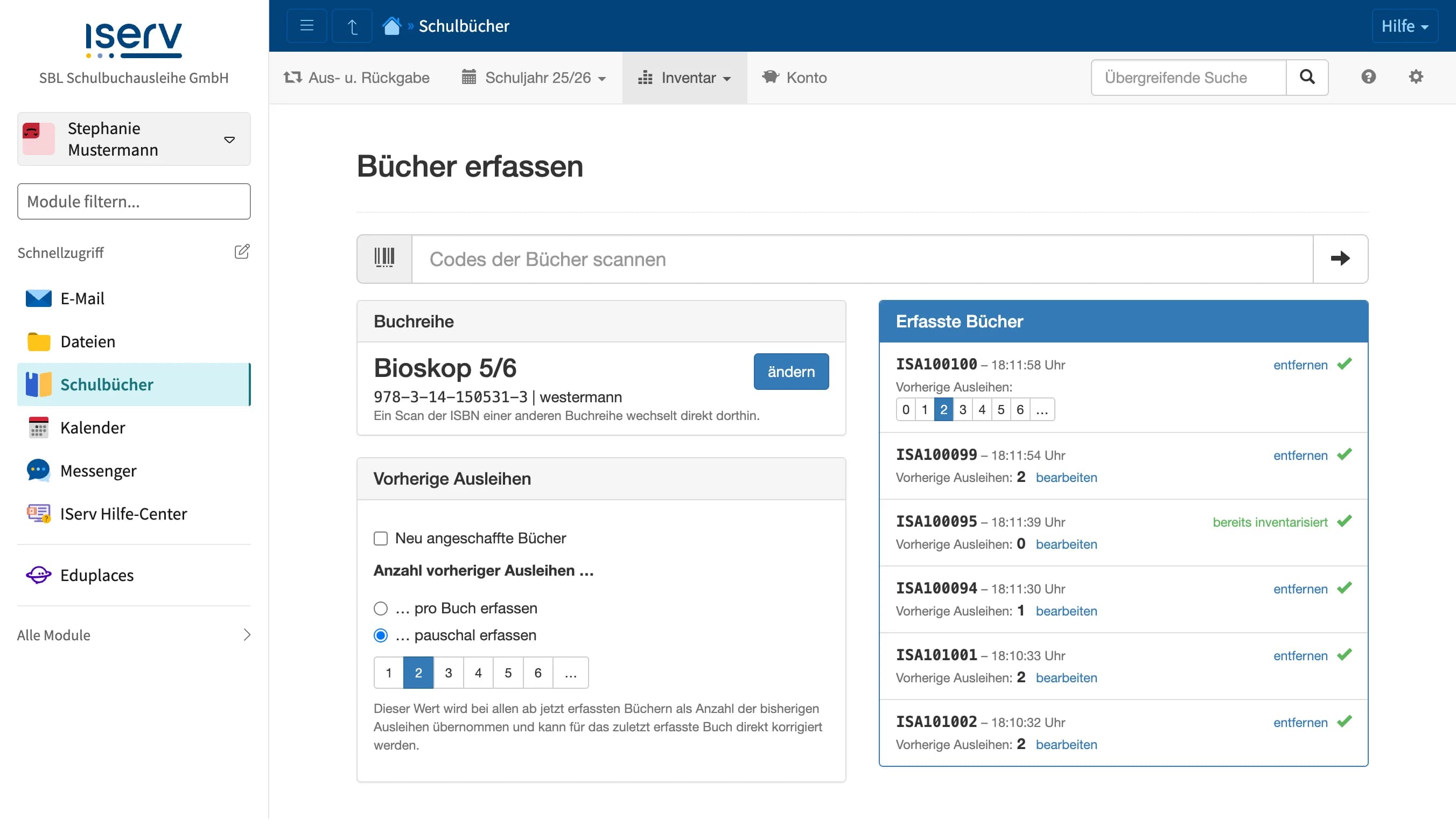 Erfassen im Pauschal-Modus: Box Vorherige Ausleihen mit gewähltem Wert 2, im Verlauf das zuletzt erfasste Buch mit aufgeklappter Schaltflächen-Skala